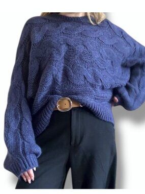 FARM Rio Navy Cable Knit Scoop Neck Sweater